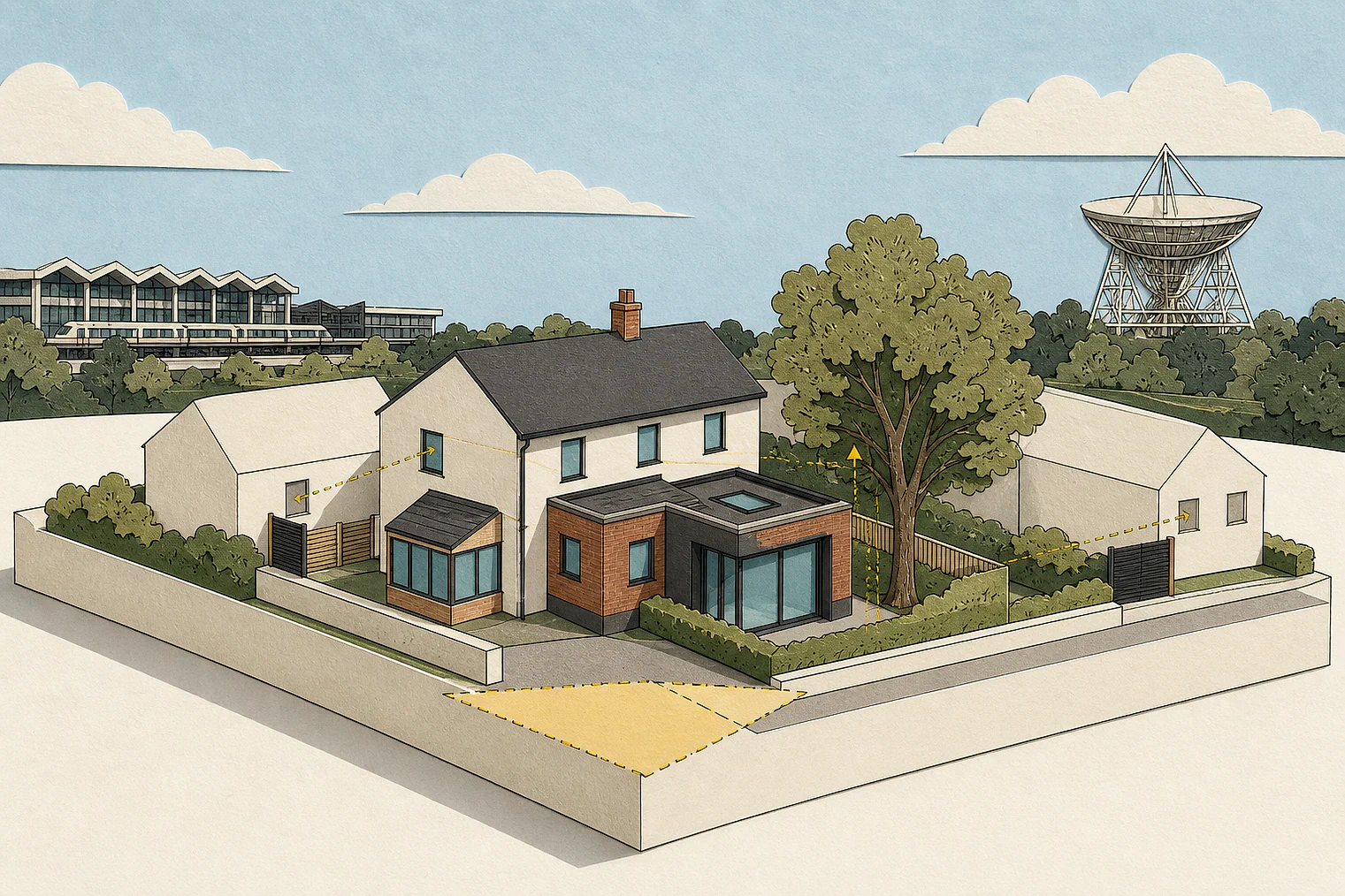 Cut-paper planning illustration for Slough, showing extensions, neighbours, access and open land near simplified local landmarks.