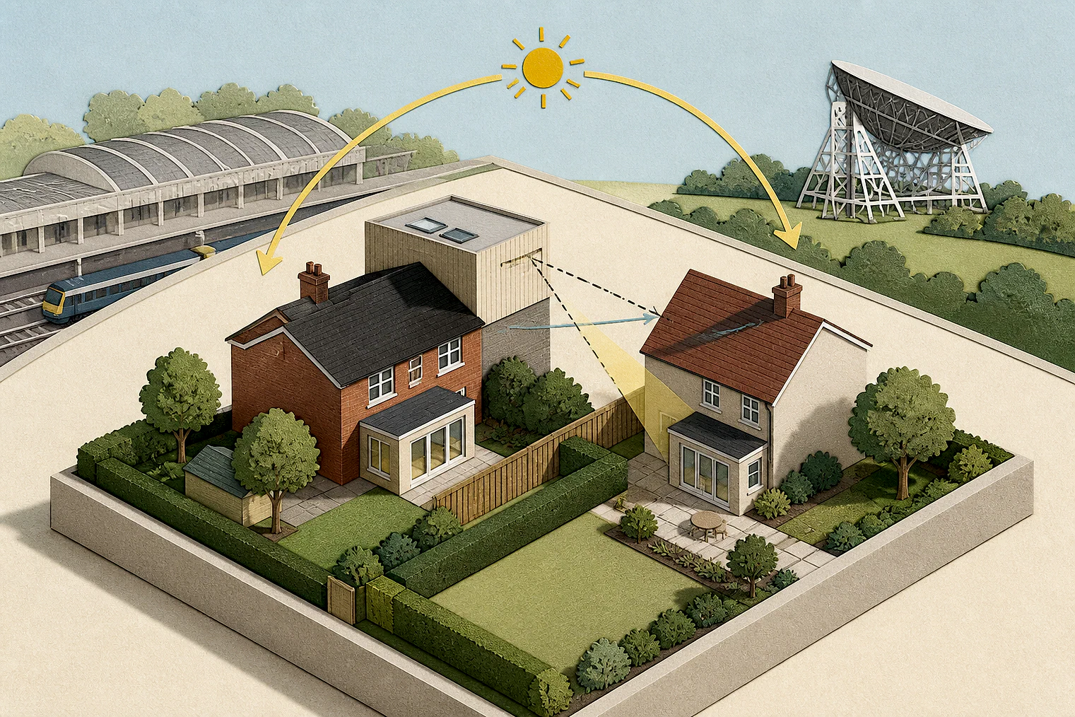 Cut-paper illustration of an imaginary privacy, daylight and neighbour living conditions planning issue in Slough, with simplified local landmarks.