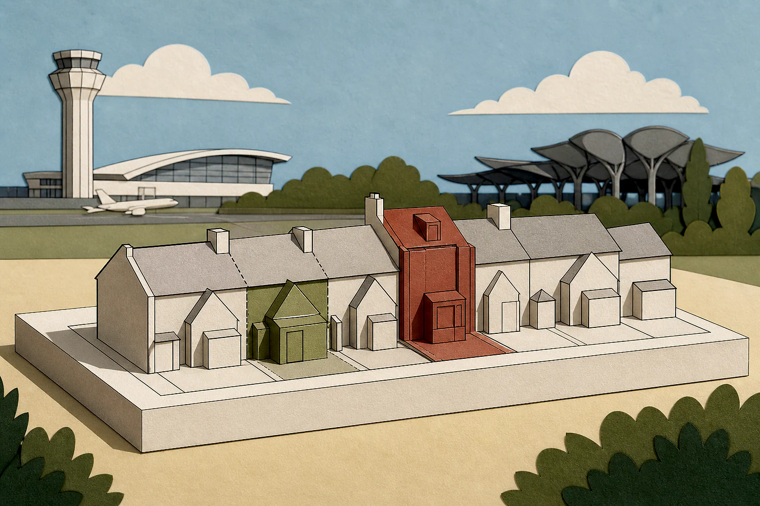 Cut-paper illustration of an imaginary character, scale and appearance planning issue in Solihull Metropolitan, with simplified local landmarks.