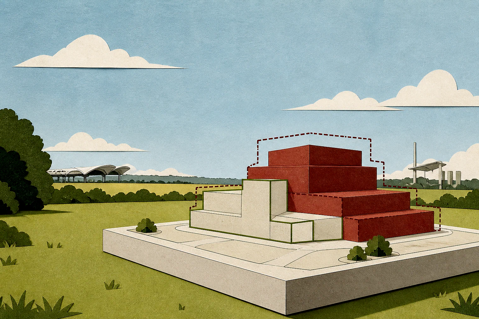 Cut-paper illustration of an imaginary building scale and Green Belt openness planning issue in Solihull Metropolitan, with simplified local landmarks.