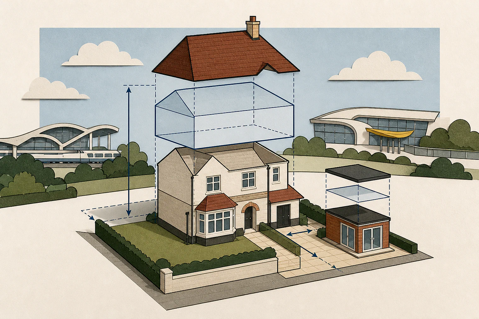 Cut-paper illustration of an imaginary permitted development dimensions and building relationships planning issue in Solihull Metropolitan, with simplified local landmarks.