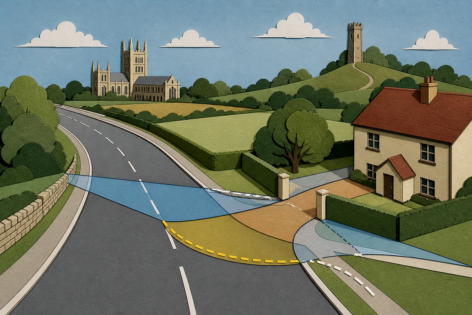 Cut-paper illustration of an imaginary access, visibility and highway safety planning issue in Somerset, with simplified local landmarks.