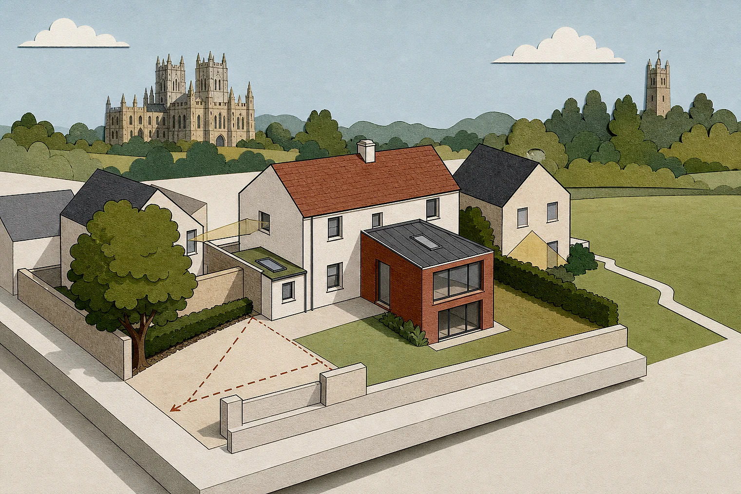 Cut-paper planning illustration for Somerset, showing extensions, neighbours, access and open land near simplified local landmarks.