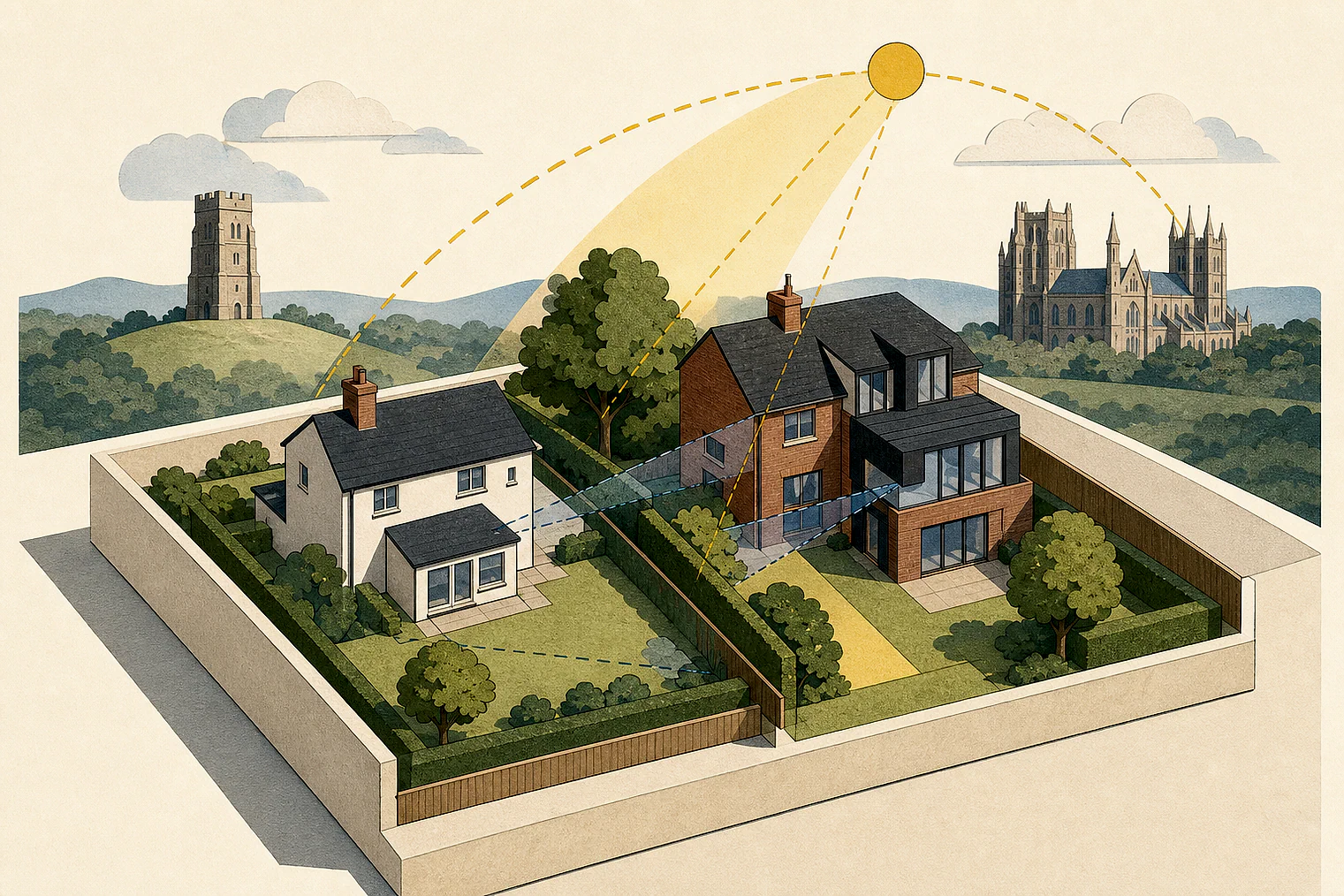 Cut-paper illustration of an imaginary privacy, daylight and neighbour living conditions planning issue in Somerset, with simplified local landmarks.