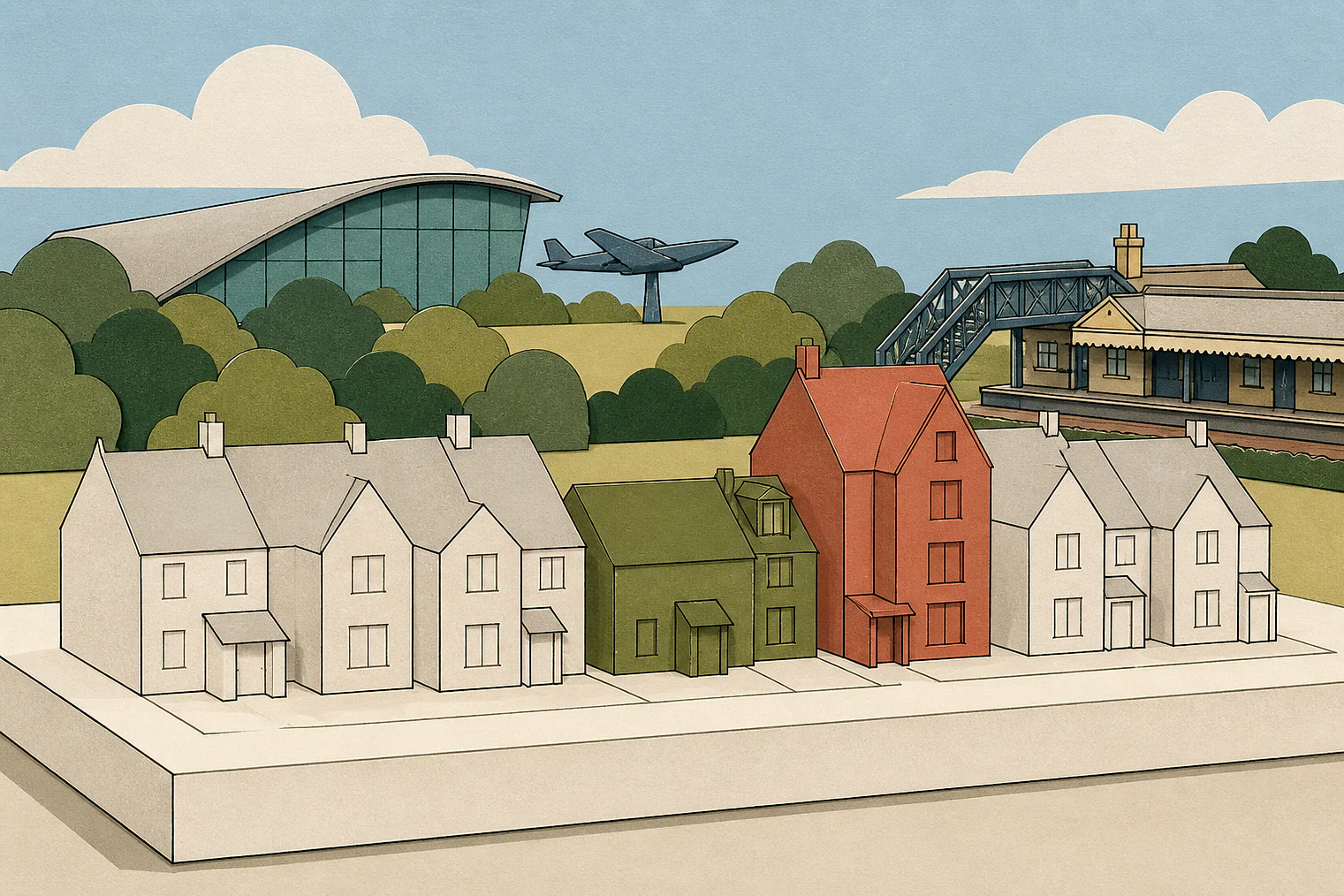 Cut-paper illustration of an imaginary character, scale and appearance planning issue in South Cambridgeshire, with simplified local landmarks.