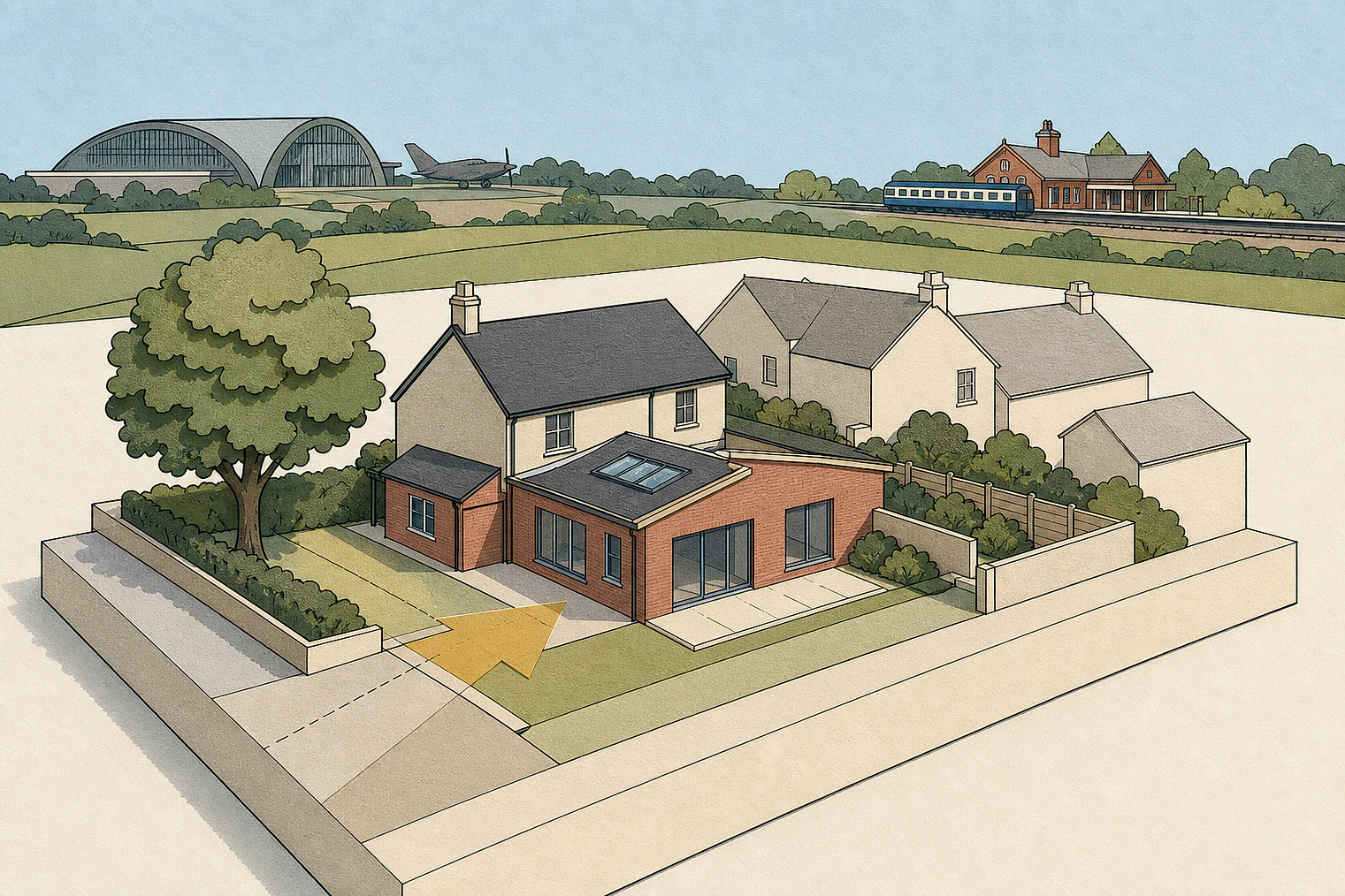 Cut-paper planning illustration for South Cambridgeshire, showing extensions, neighbours, access and open land near simplified local landmarks.