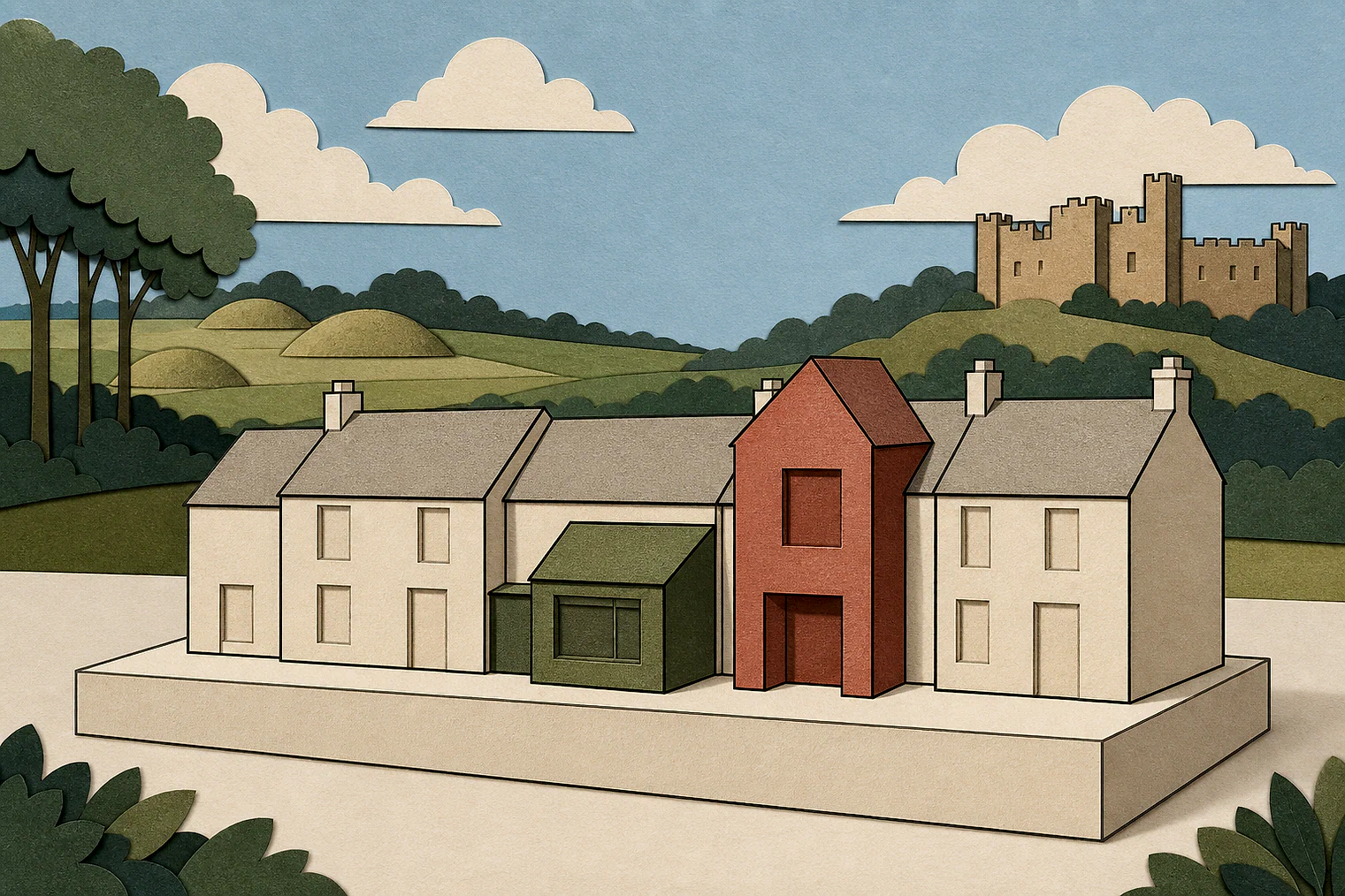 Cut-paper illustration of an imaginary character, scale and appearance planning issue in South Derbyshire, with simplified local landmarks.