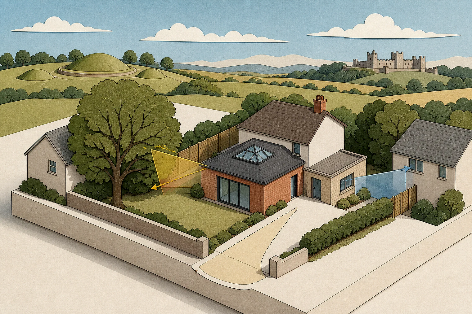 Cut-paper planning illustration for South Derbyshire, showing extensions, neighbours, access and open land near simplified local landmarks.