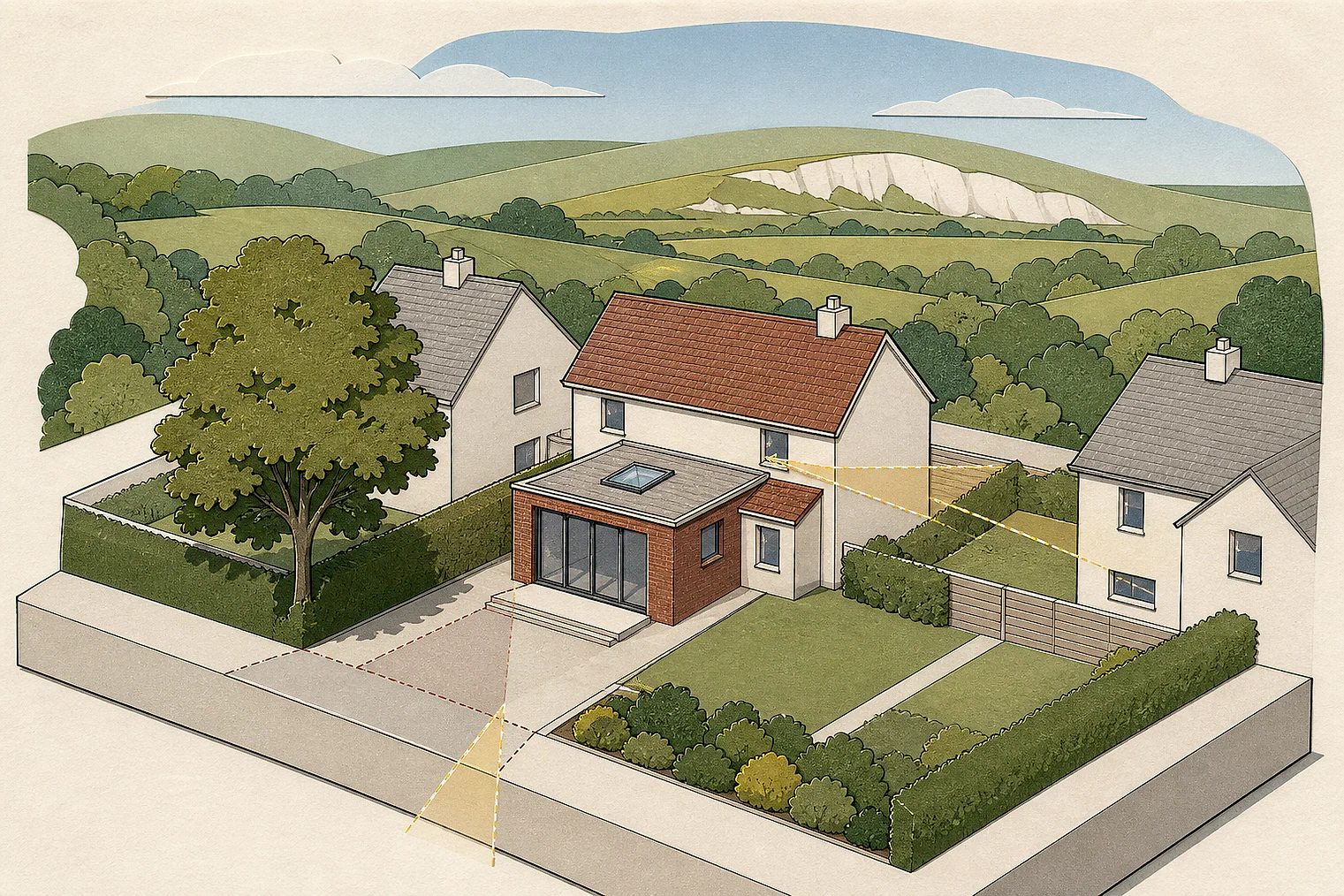 Cut-paper planning illustration for South Downs, showing extensions, neighbours, access and open land near simplified local landmarks.