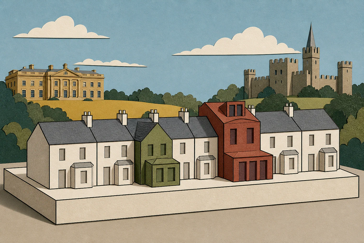 Cut-paper illustration of an imaginary character, scale and appearance planning issue in South Gloucestershire, with simplified local landmarks.