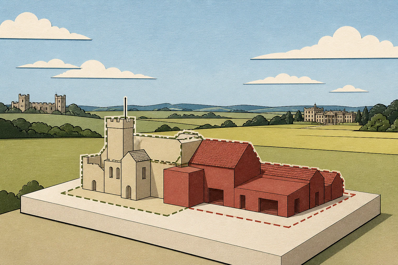 Cut-paper illustration of an imaginary building scale and Green Belt openness planning issue in South Gloucestershire, with simplified local landmarks.