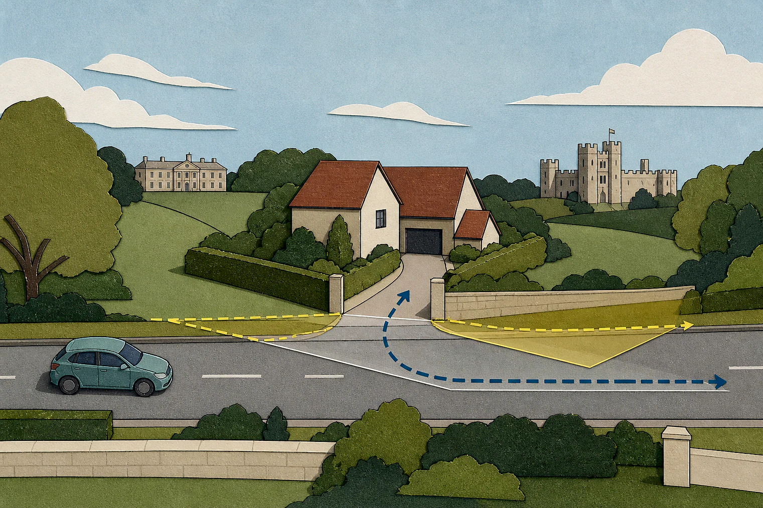 Cut-paper illustration of an imaginary access, visibility and highway safety planning issue in South Gloucestershire, with simplified local landmarks.