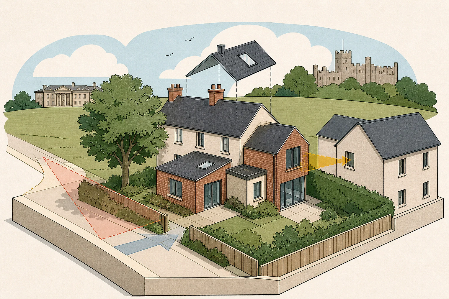 Cut-paper planning illustration for South Gloucestershire, showing extensions, neighbours, access and open land near simplified local landmarks.