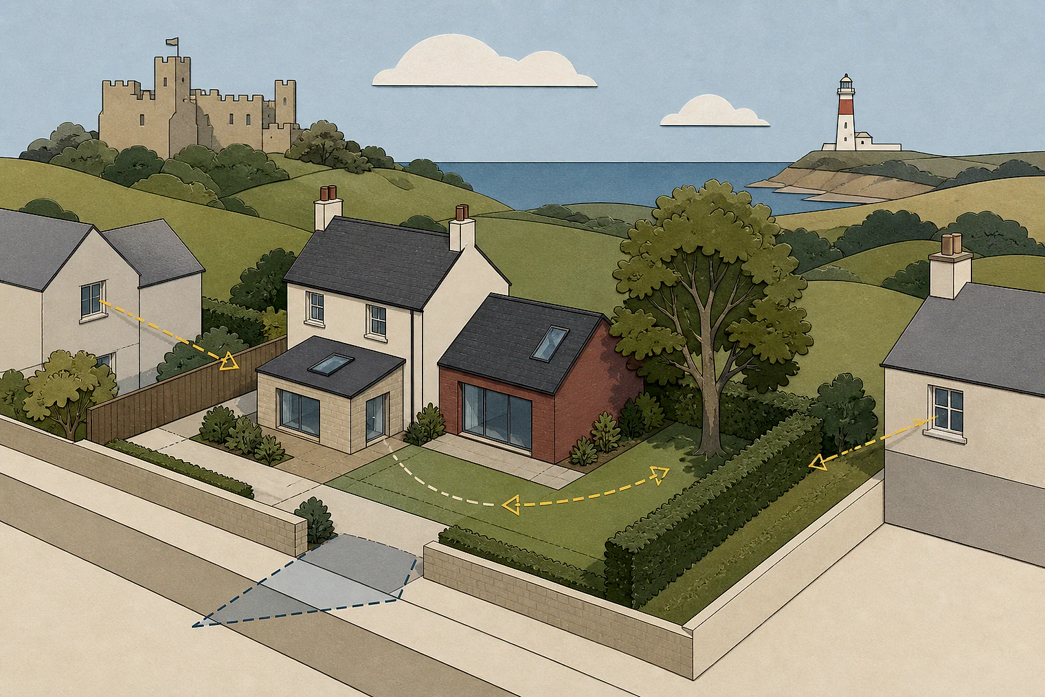 Cut-paper planning illustration for South Hams, showing extensions, neighbours, access and open land near simplified local landmarks.