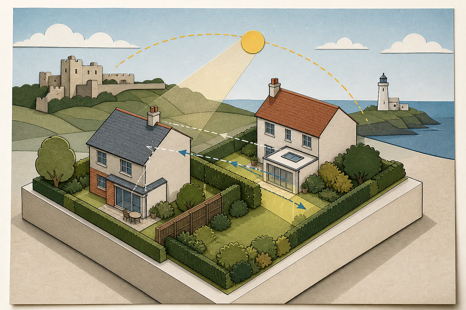 Cut-paper illustration of an imaginary privacy, daylight and neighbour living conditions planning issue in South Hams, with simplified local landmarks.