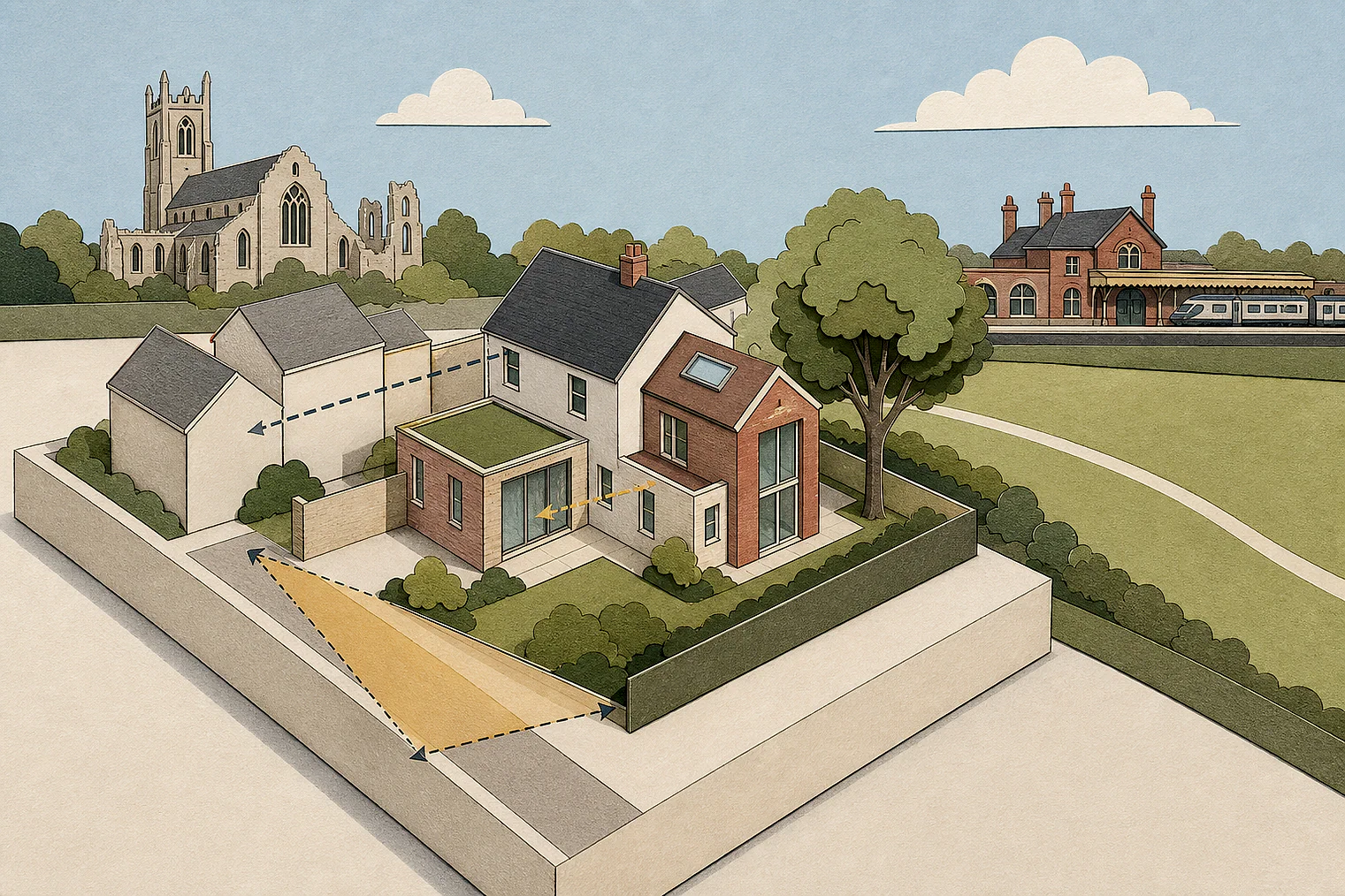 Cut-paper planning illustration for South Holland, showing extensions, neighbours, access and open land near simplified local landmarks.