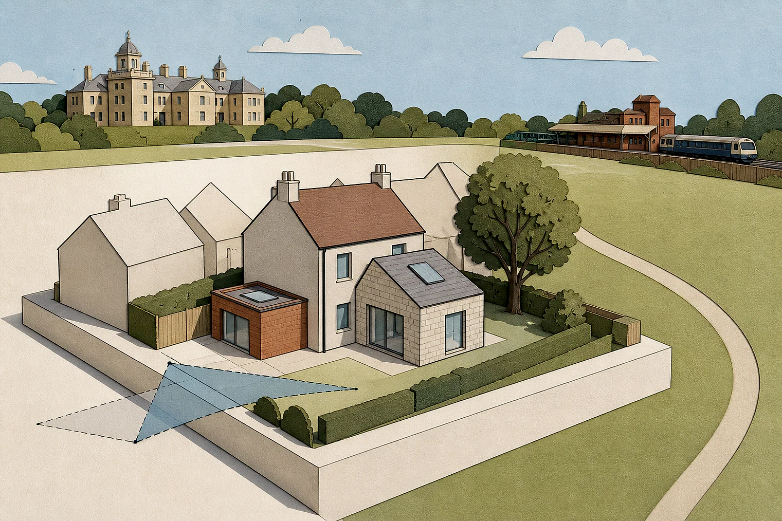 Cut-paper planning illustration for South Kesteven, showing extensions, neighbours, access and open land near simplified local landmarks.