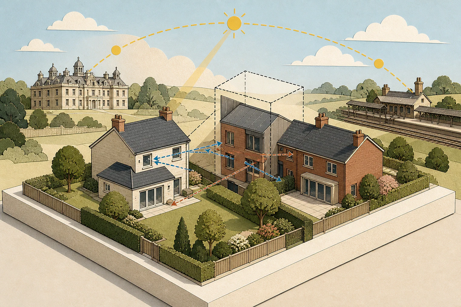 Cut-paper illustration of an imaginary privacy, daylight and neighbour living conditions planning issue in South Kesteven, with simplified local landmarks.