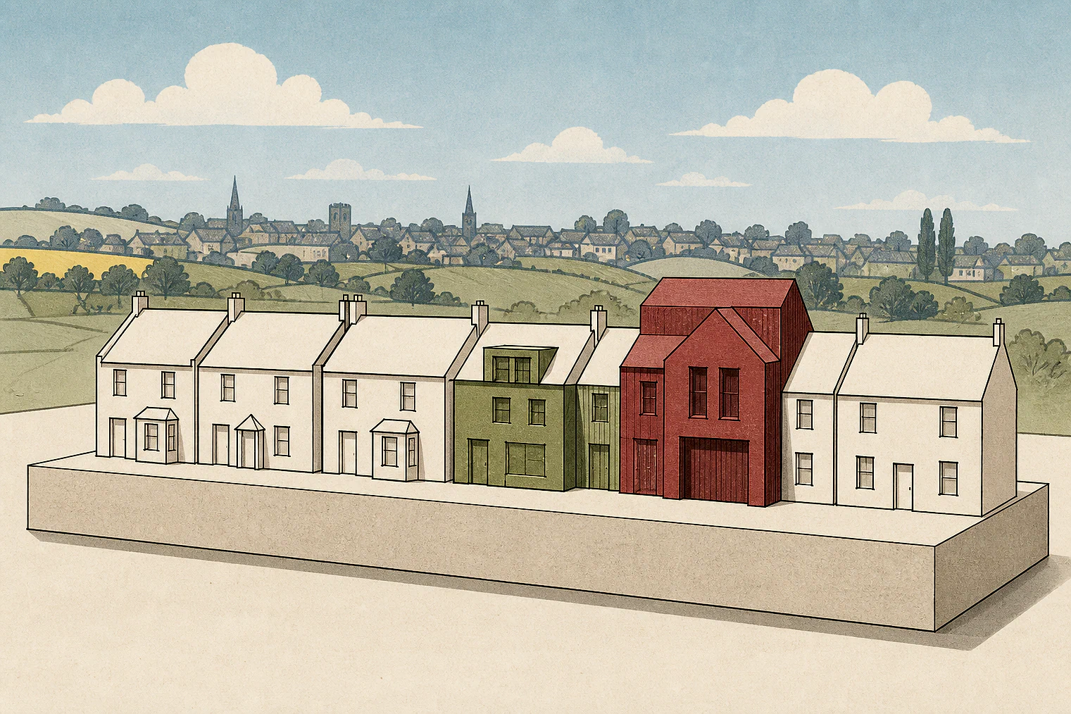 Cut-paper illustration of an imaginary character, scale and appearance planning issue in South Norfolk.