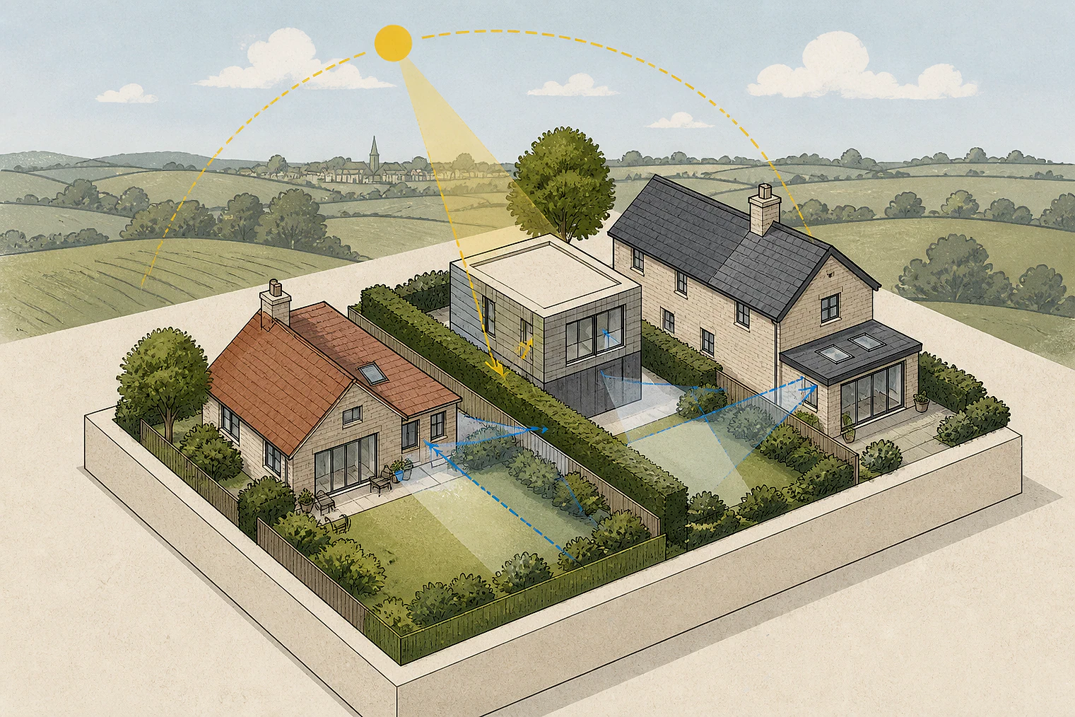 Cut-paper illustration of an imaginary privacy, daylight and neighbour living conditions planning issue in South Norfolk.