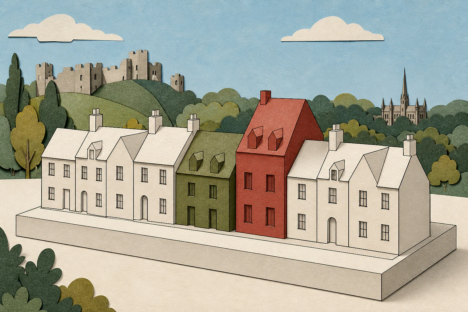 Cut-paper illustration of an imaginary character, scale and appearance planning issue in South Oxfordshire, with simplified local landmarks.