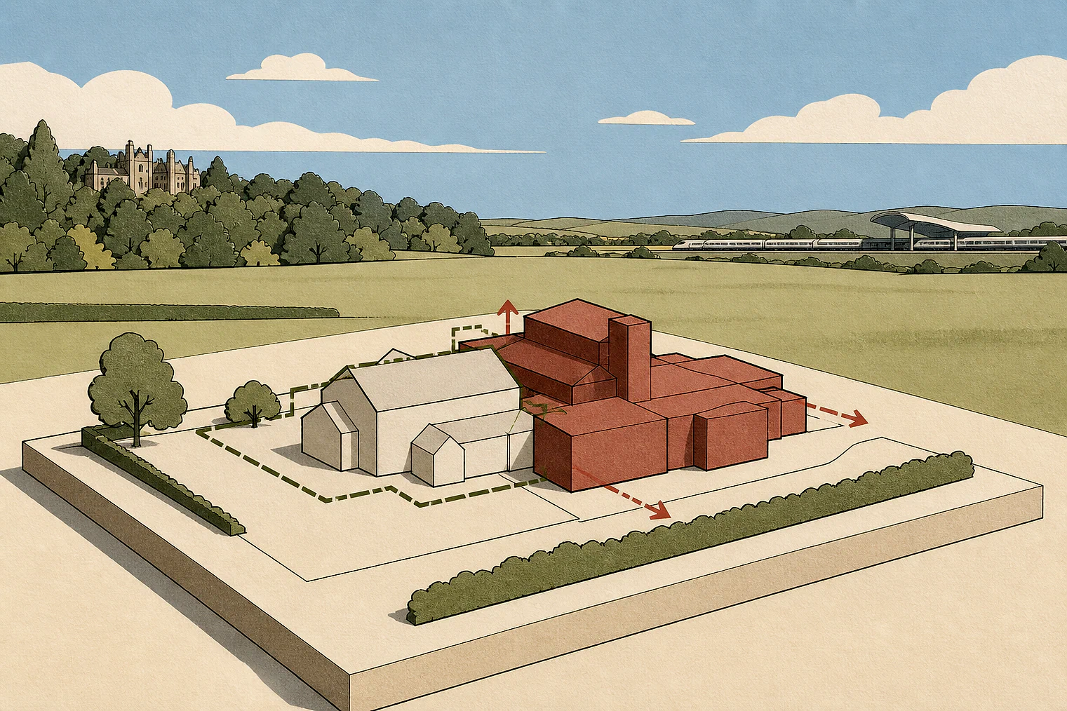 Cut-paper illustration of an imaginary building scale and Green Belt openness planning issue in South Oxfordshire, with simplified local landmarks.