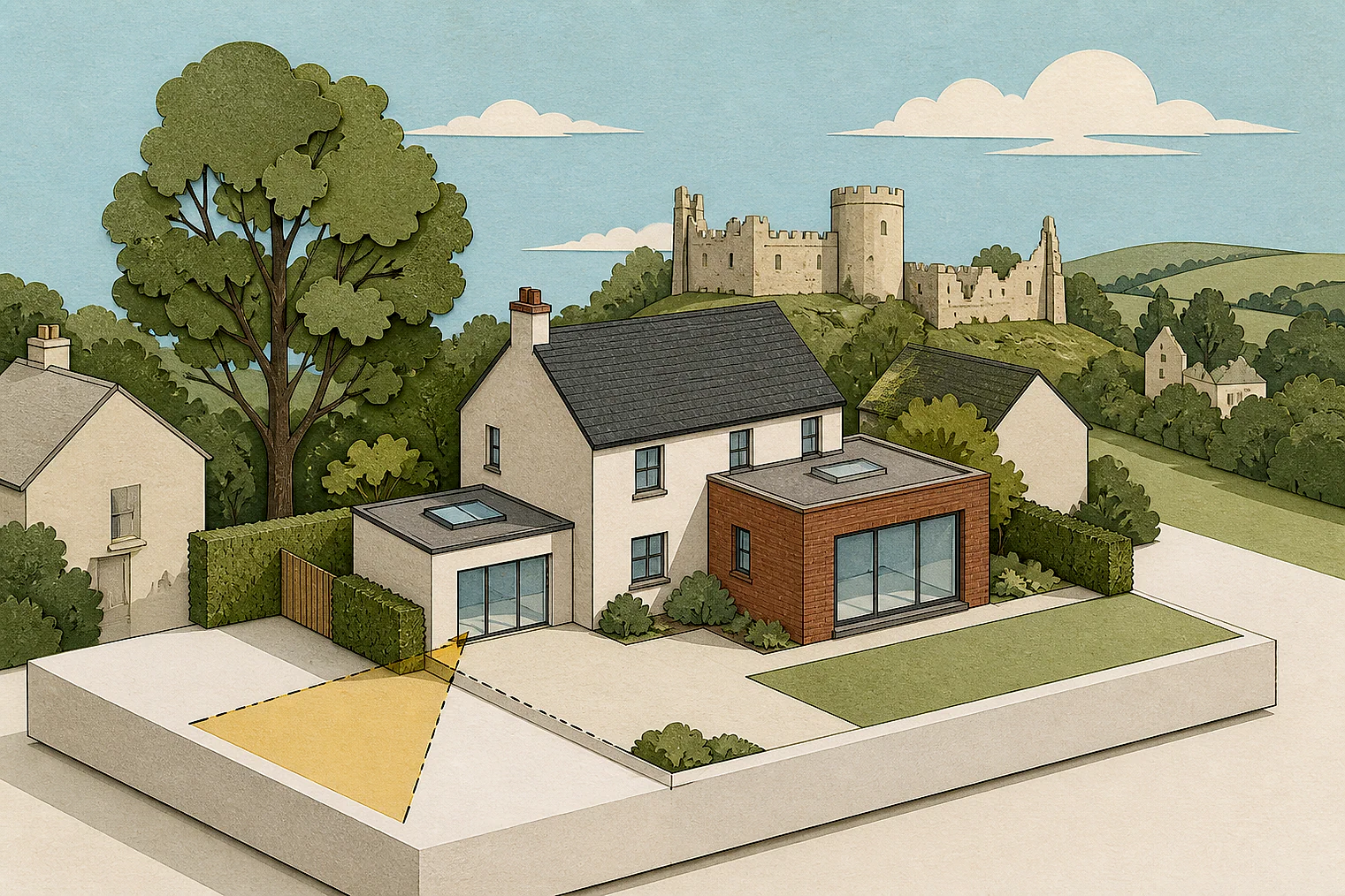 Cut-paper planning illustration for South Oxfordshire, showing extensions, neighbours, access and open land near simplified local landmarks.