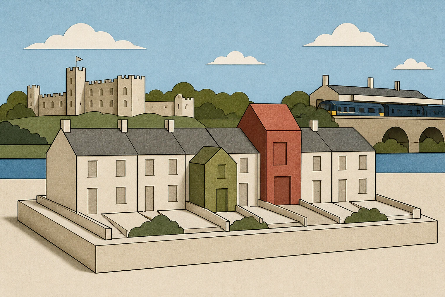 Cut-paper illustration of an imaginary character, scale and appearance planning issue in South Ribble, with simplified local landmarks.