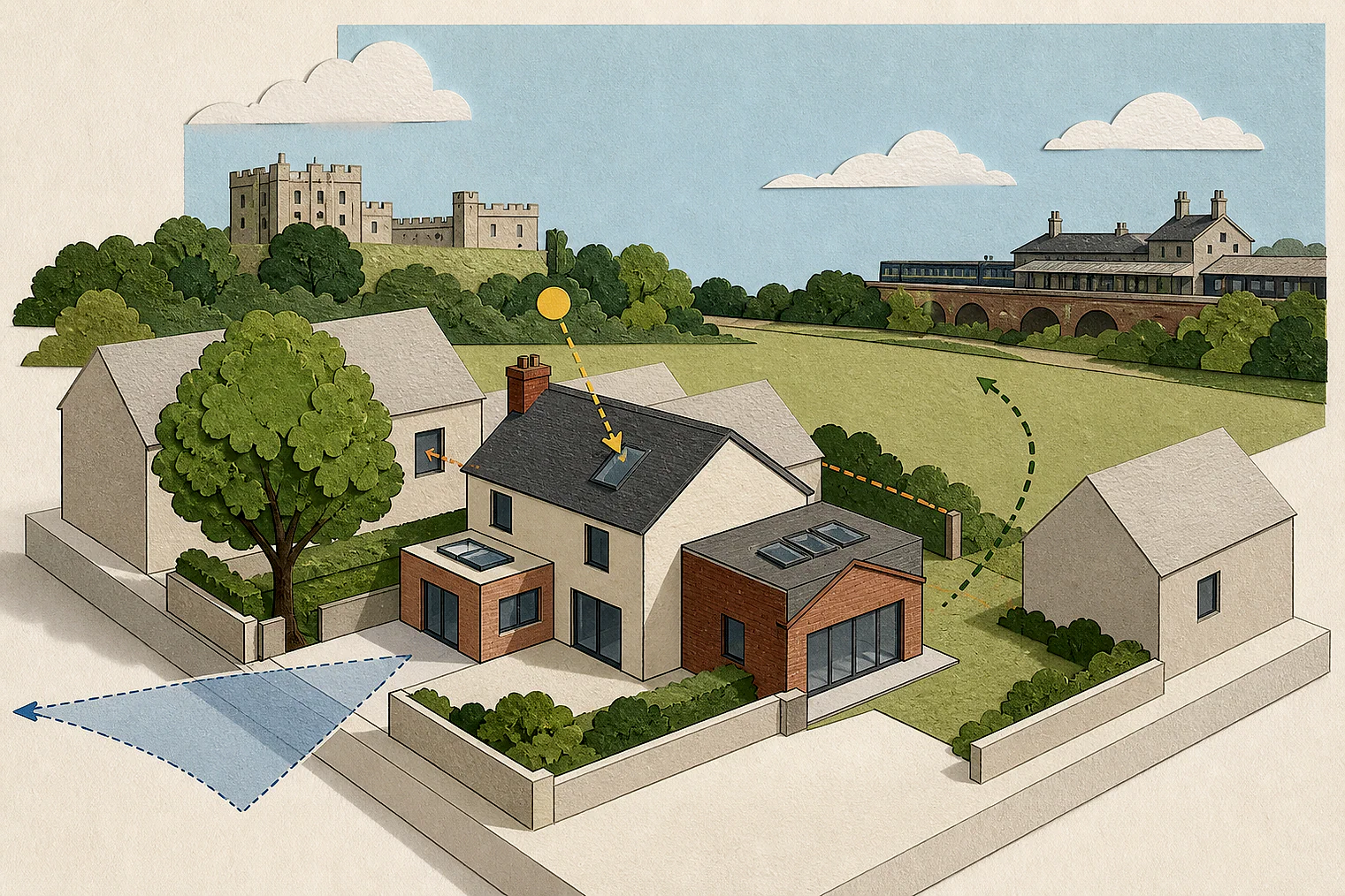 Cut-paper planning illustration for South Ribble, showing extensions, neighbours, access and open land near simplified local landmarks.