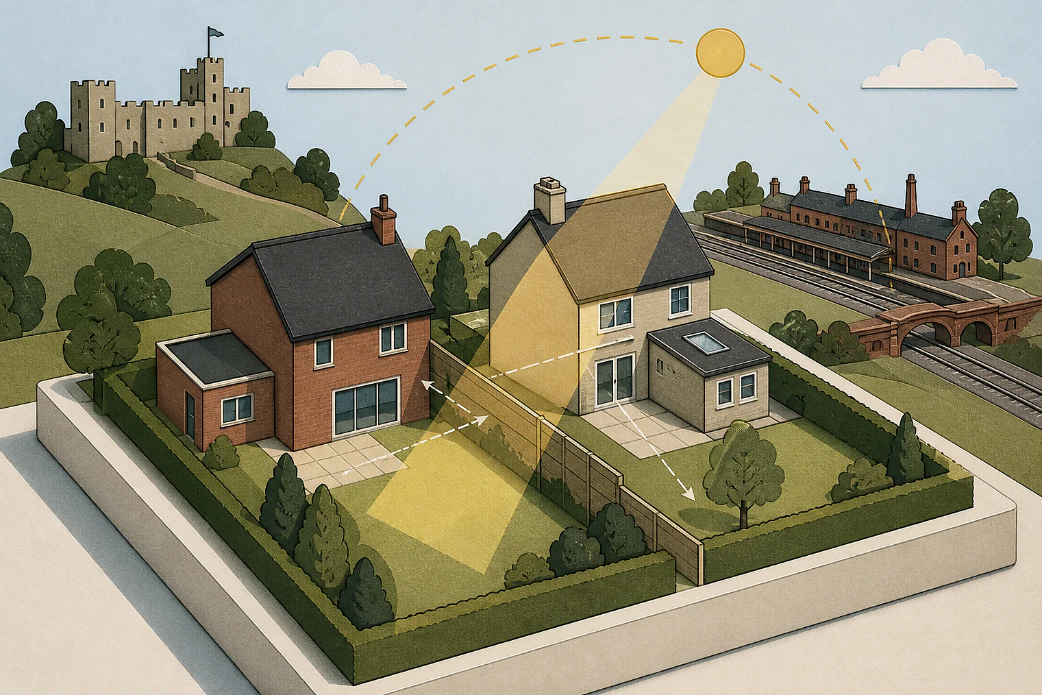 Cut-paper illustration of an imaginary privacy, daylight and neighbour living conditions planning issue in South Ribble, with simplified local landmarks.