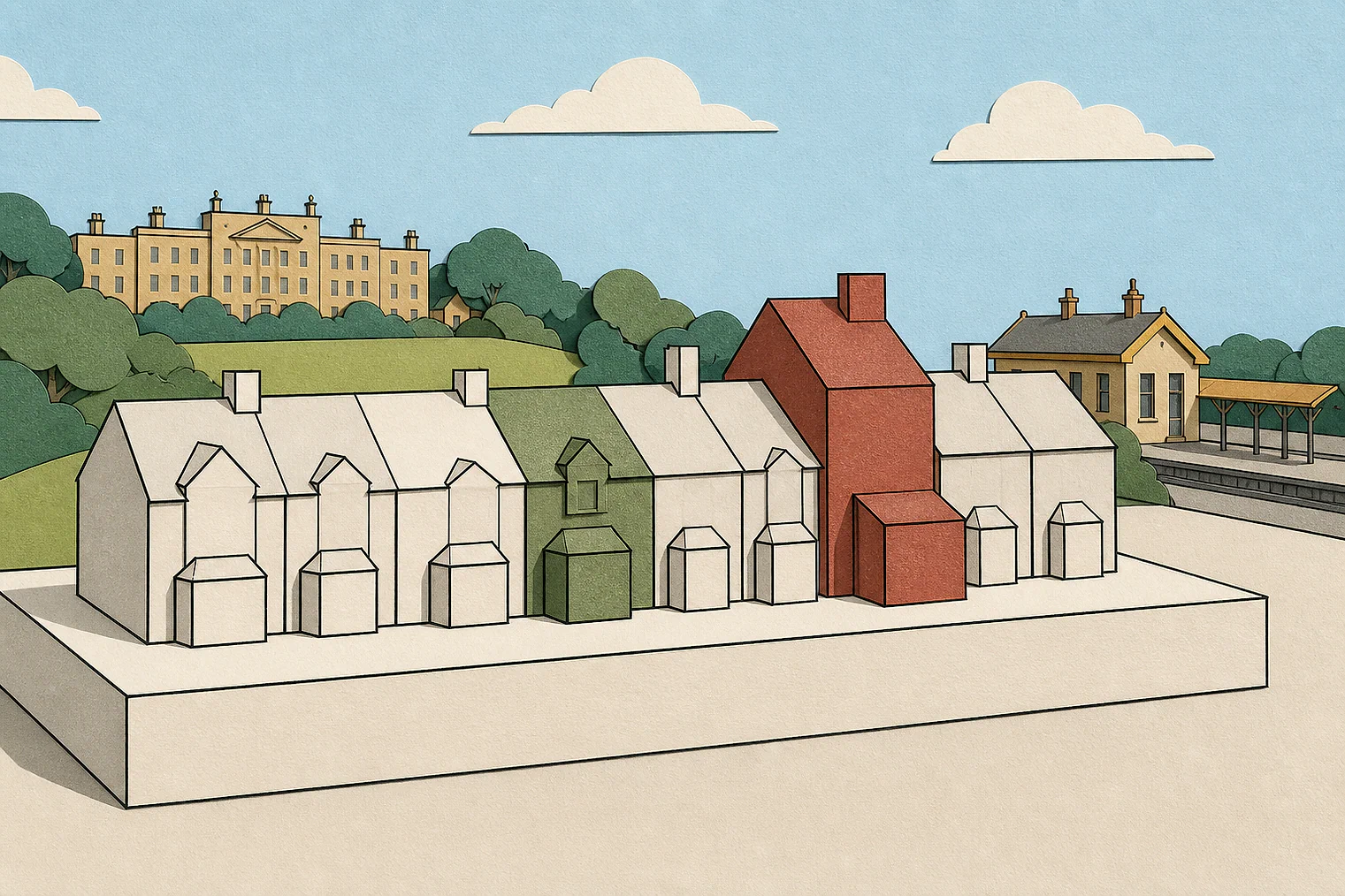 Cut-paper illustration of an imaginary character, scale and appearance planning issue in South Staffordshire, with simplified local landmarks.