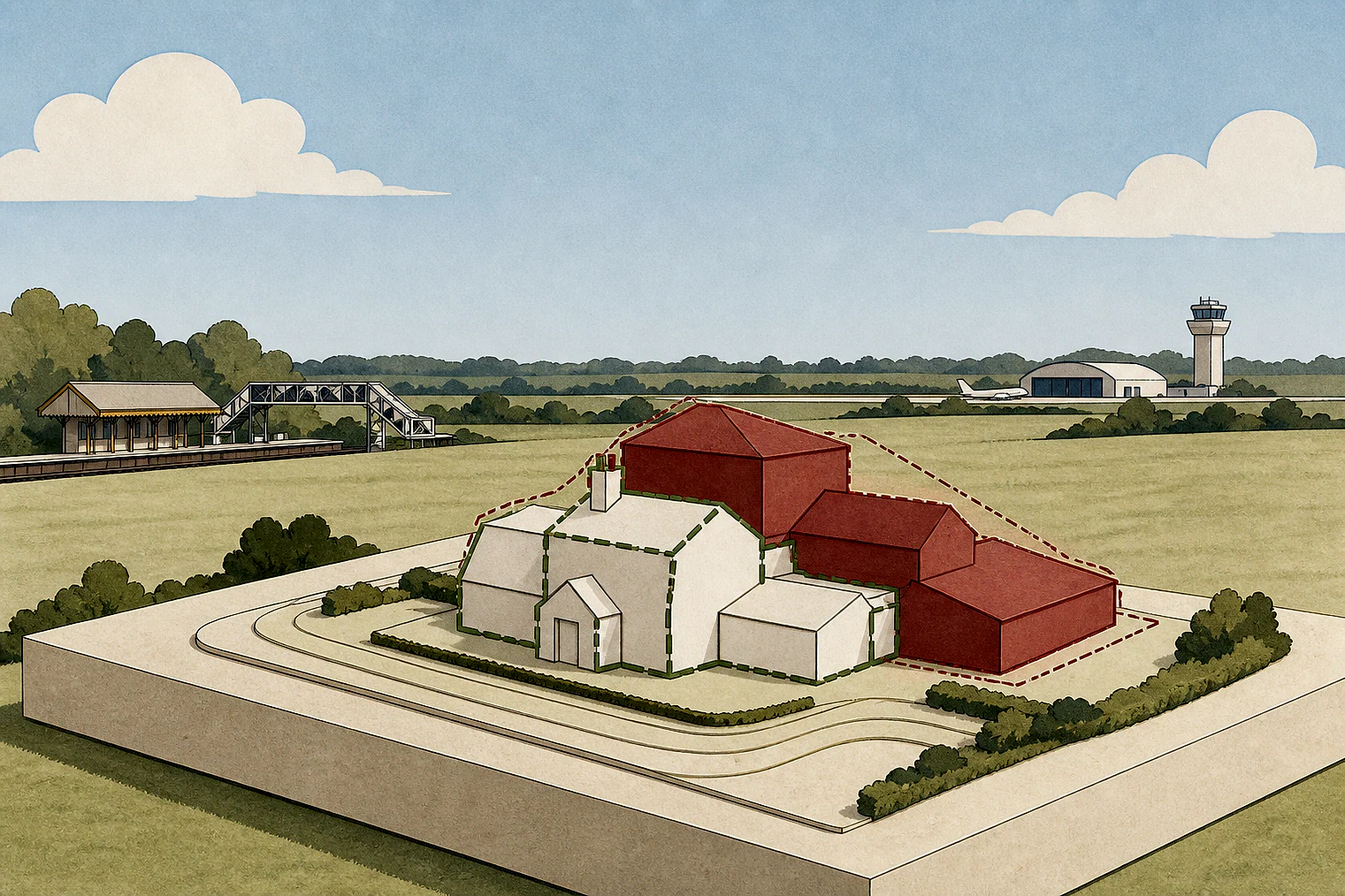 Cut-paper illustration of an imaginary building scale and Green Belt openness planning issue in South Staffordshire, with simplified local landmarks.