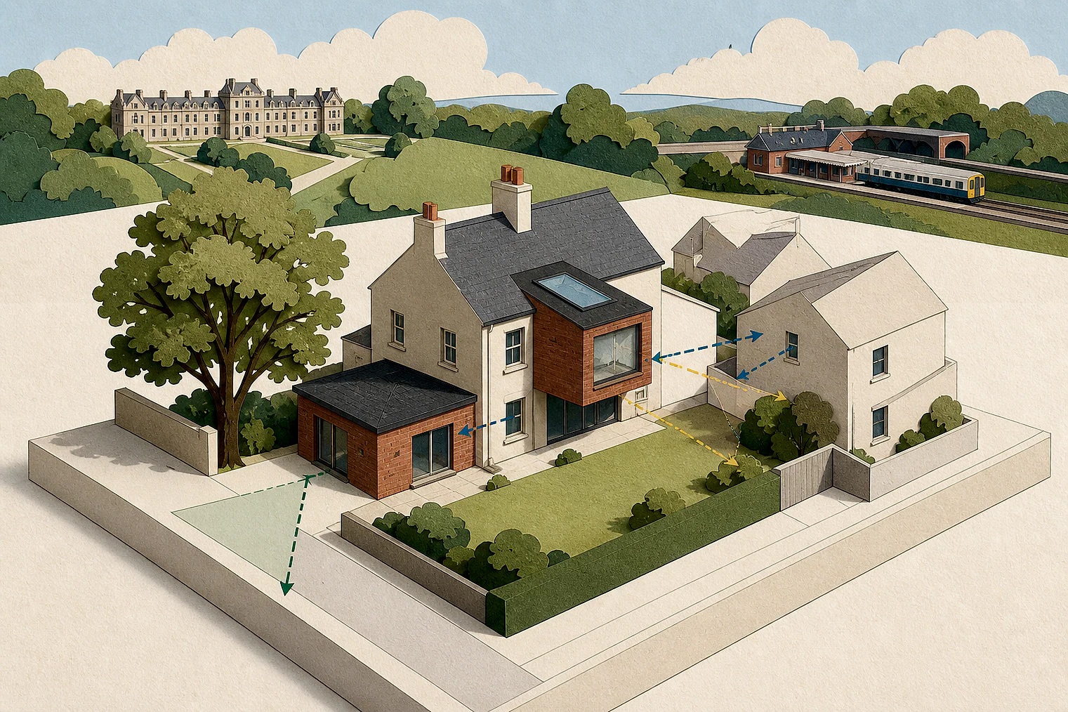 Cut-paper planning illustration for South Staffordshire, showing extensions, neighbours, access and open land near simplified local landmarks.