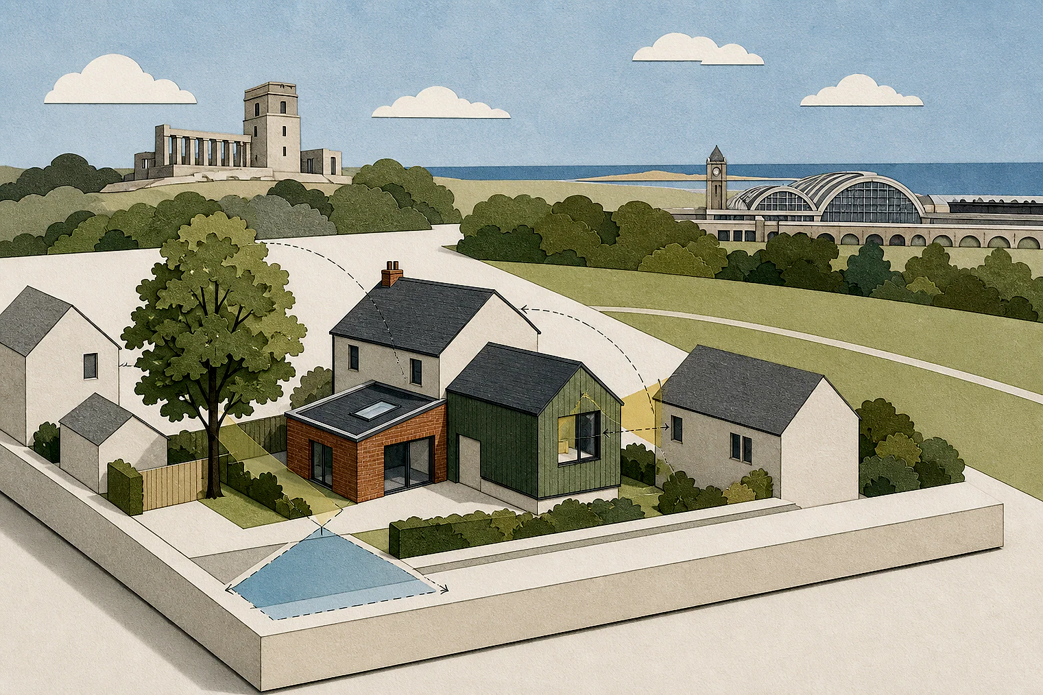 Cut-paper planning illustration for South Tyneside, showing extensions, neighbours, access and open land near simplified local landmarks.