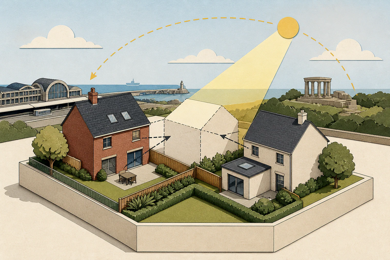 Cut-paper illustration of an imaginary privacy, daylight and neighbour living conditions planning issue in South Tyneside, with simplified local landmarks.