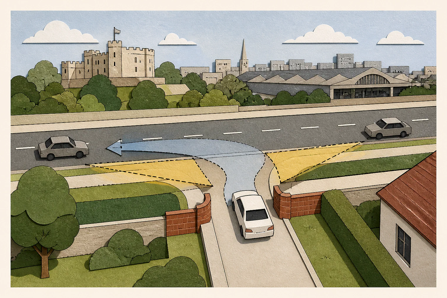 Cut-paper illustration of an imaginary access, visibility and highway safety planning issue in Southampton, with simplified local landmarks.