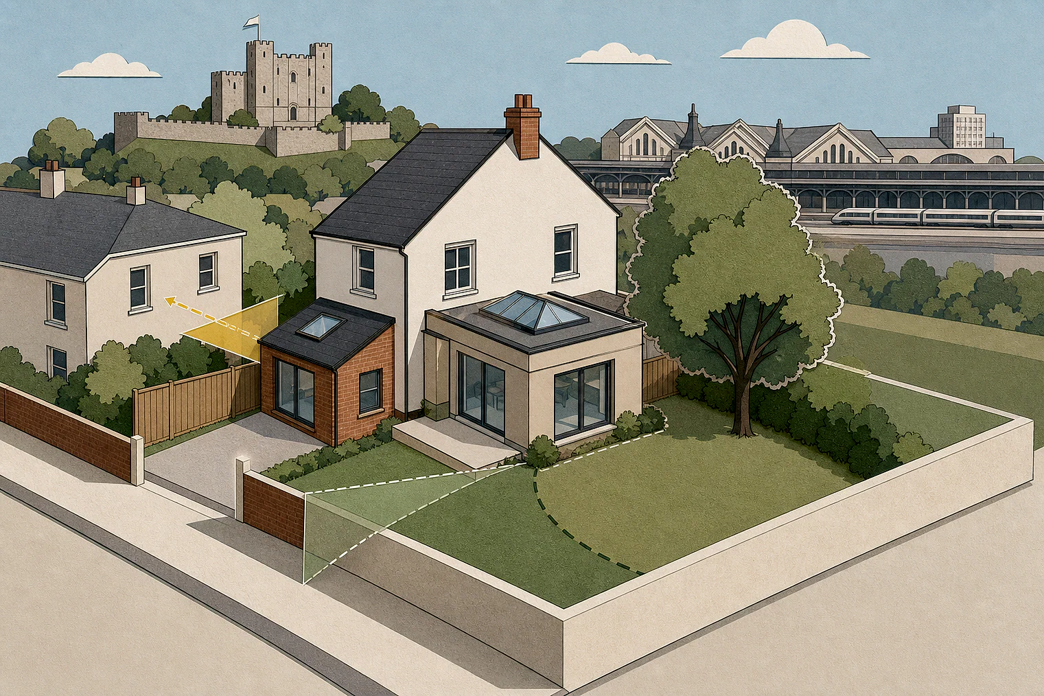 Cut-paper planning illustration for Southampton, showing extensions, neighbours, access and open land near simplified local landmarks.