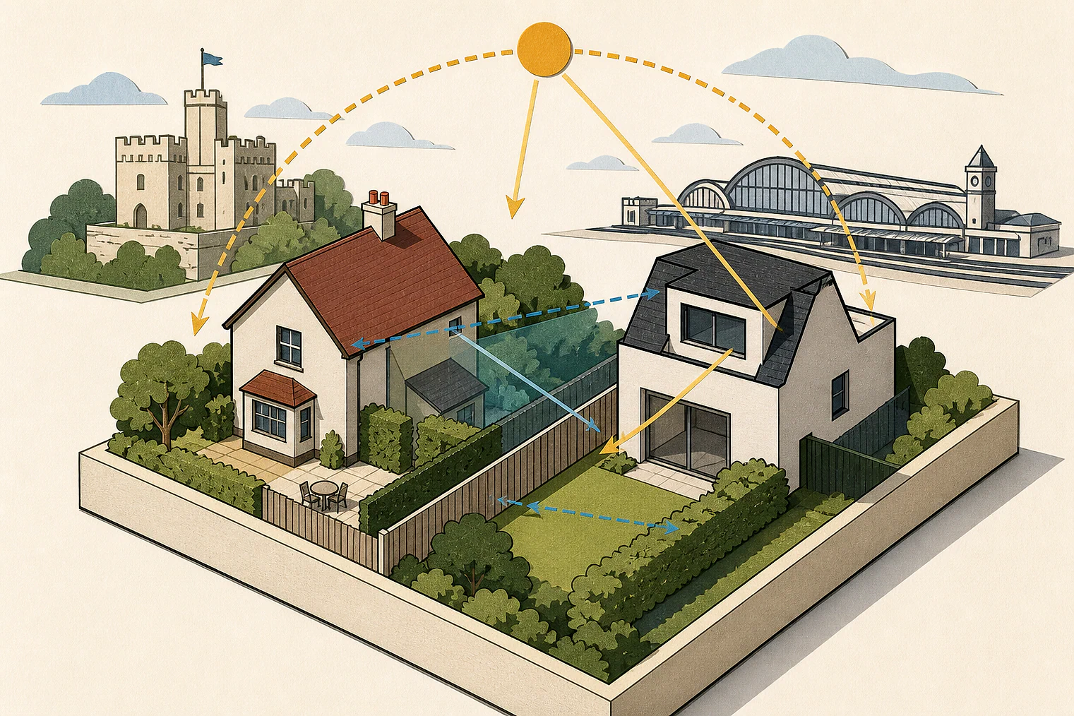 Cut-paper illustration of an imaginary privacy, daylight and neighbour living conditions planning issue in Southampton, with simplified local landmarks.