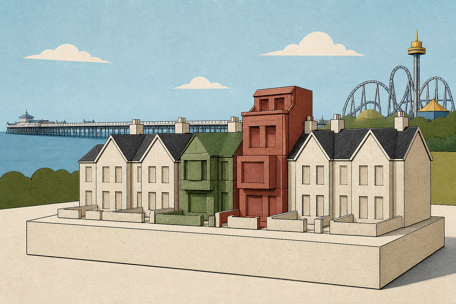 Cut-paper illustration of an imaginary character, scale and appearance planning issue in Southend-on-Sea, with simplified local landmarks.