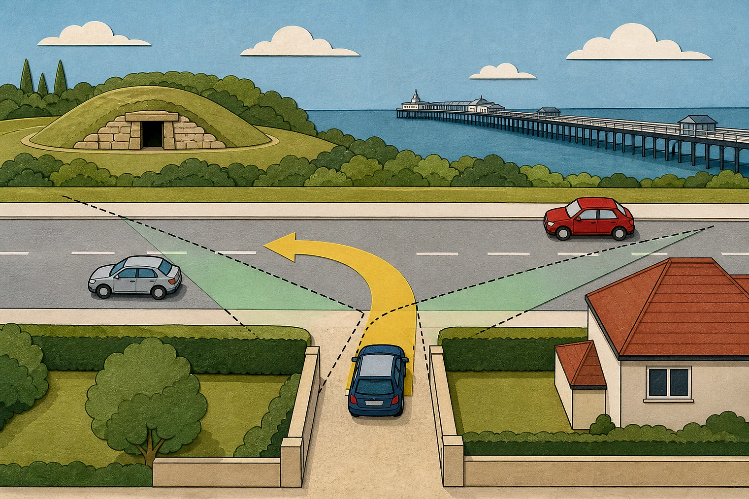 Cut-paper illustration of an imaginary access, visibility and highway safety planning issue in Southend-on-Sea, with simplified local landmarks.