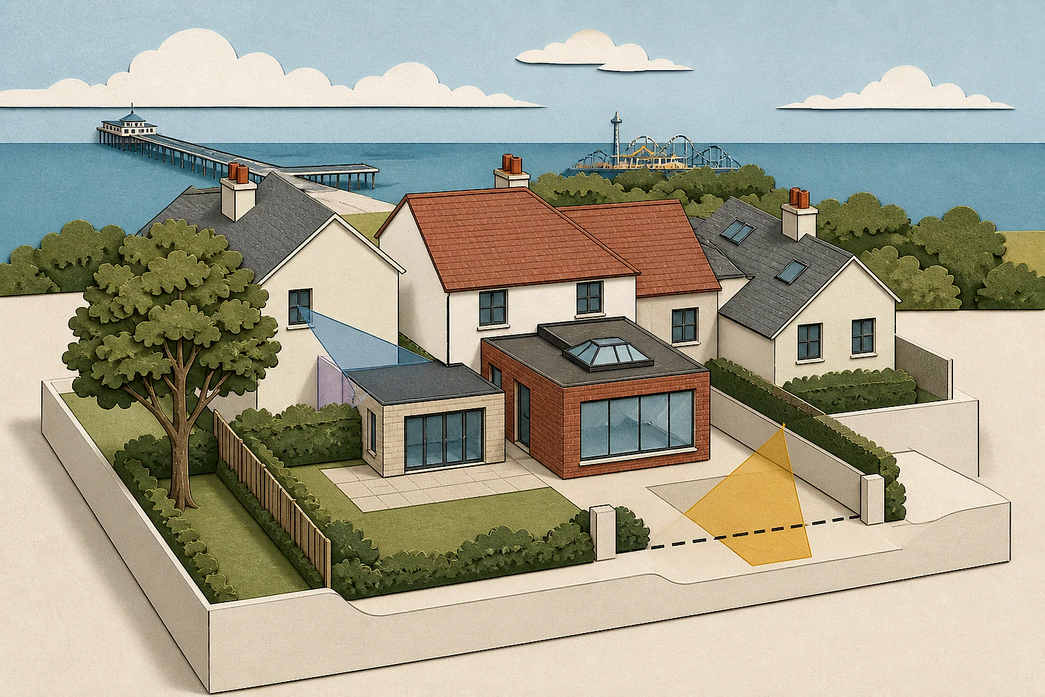Cut-paper planning illustration for Southend-on-Sea, showing extensions, neighbours, access and open land near simplified local landmarks.