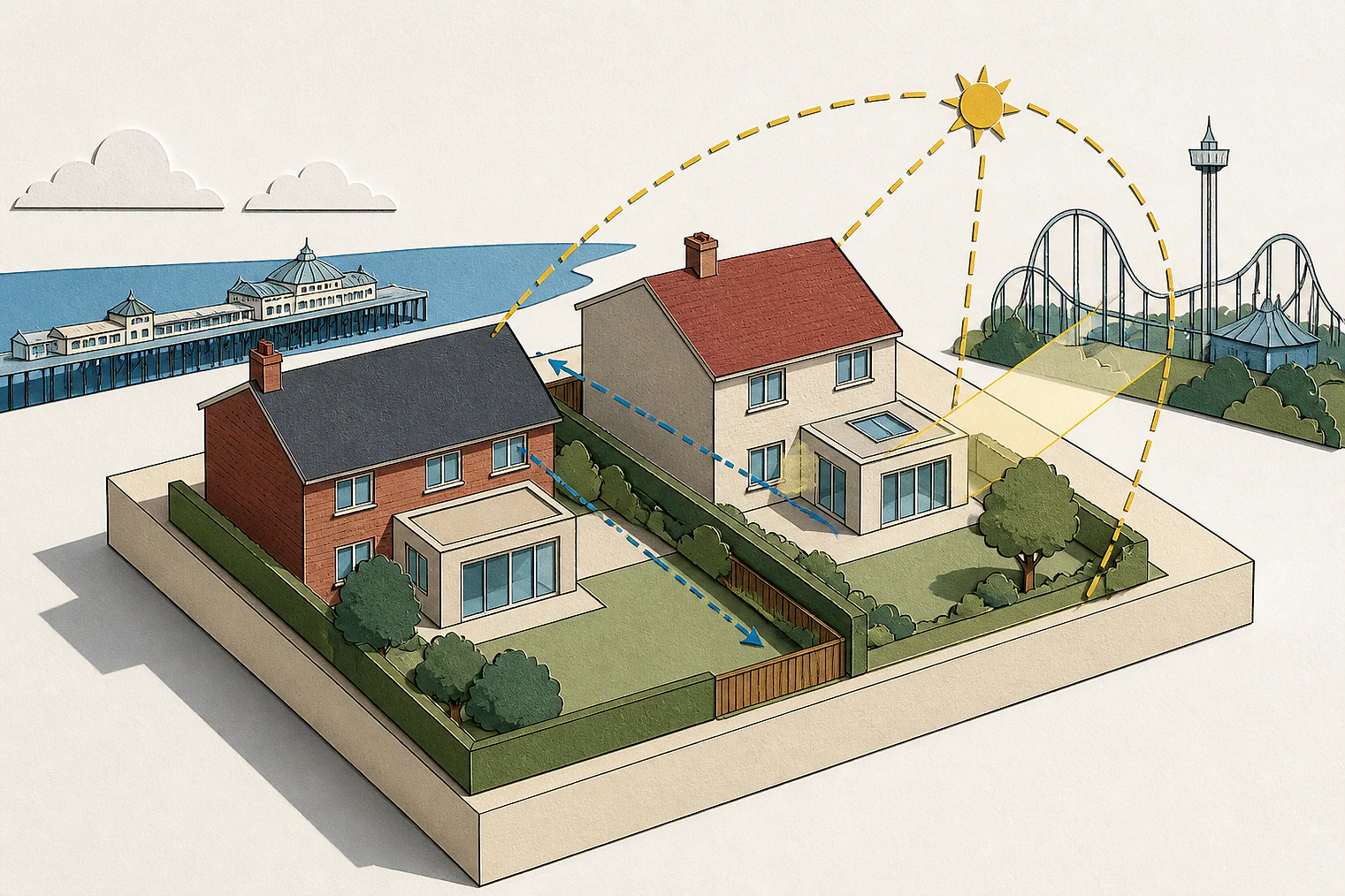 Cut-paper illustration of an imaginary privacy, daylight and neighbour living conditions planning issue in Southend-on-Sea, with simplified local landmarks.