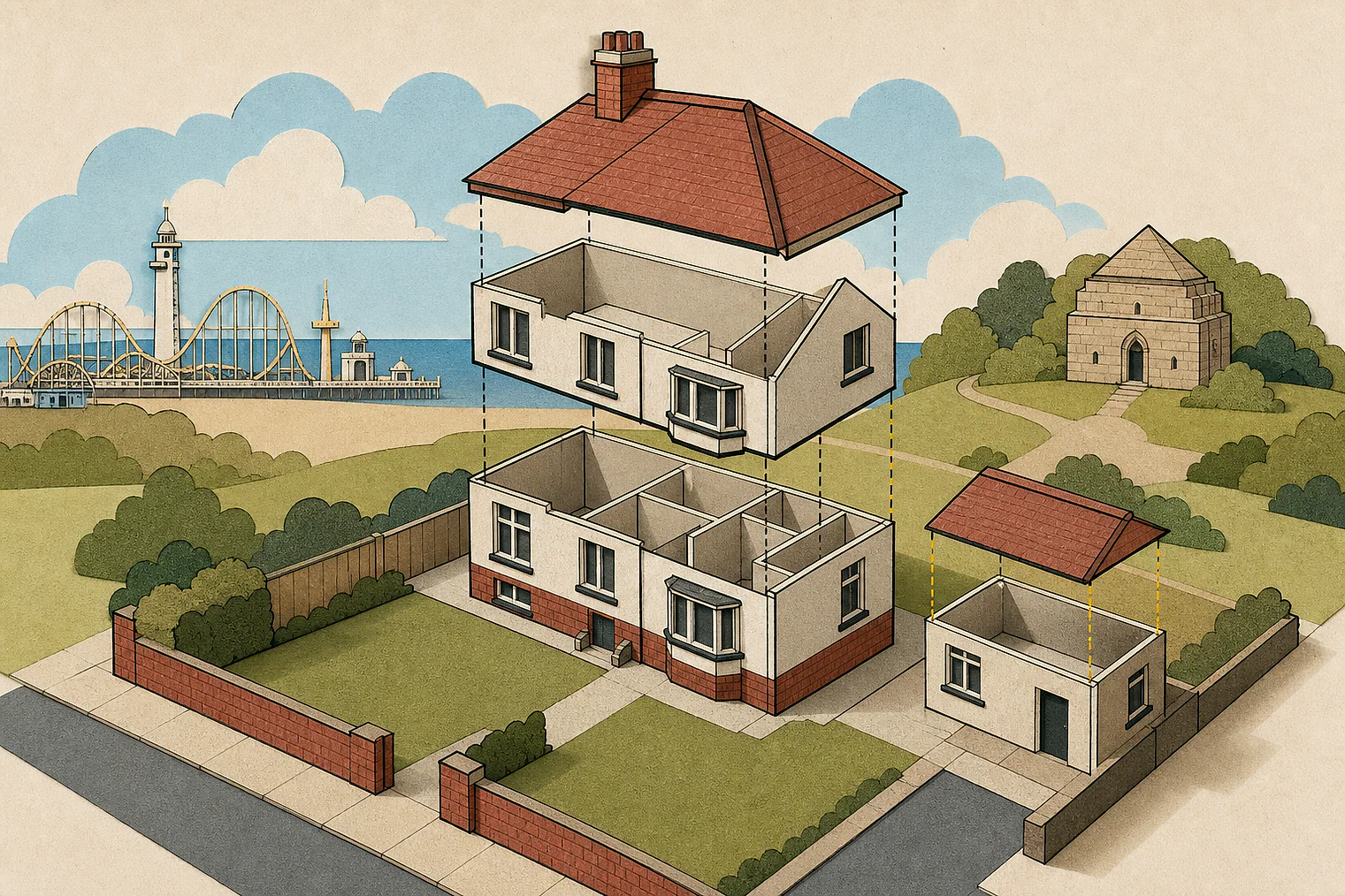 Cut-paper illustration of an imaginary permitted development dimensions and building relationships planning issue in Southend-on-Sea, with simplified local landmarks.