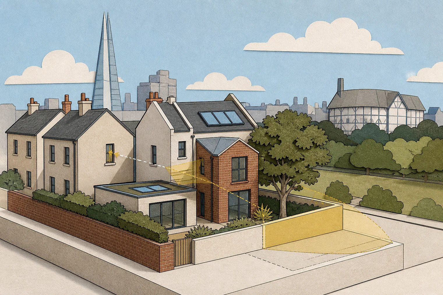 Cut-paper planning illustration for Southwark, showing extensions, neighbours, access and open land near simplified local landmarks.