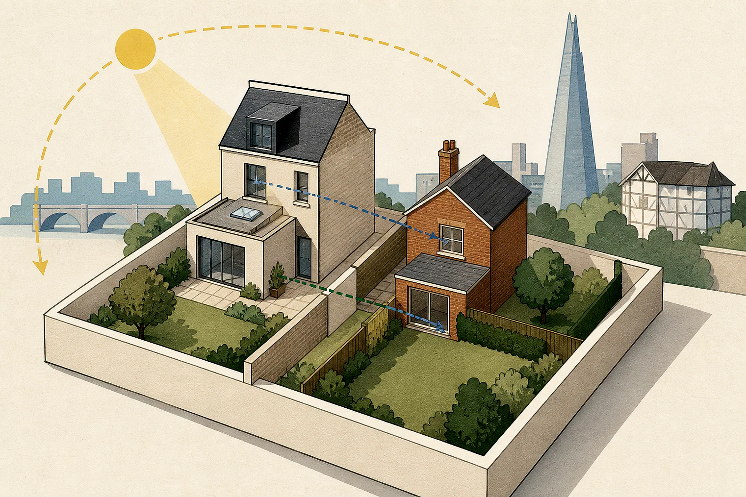Cut-paper illustration of an imaginary privacy, daylight and neighbour living conditions planning issue in Southwark, with simplified local landmarks.