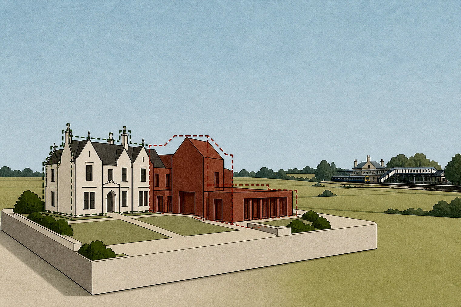 Cut-paper illustration of an imaginary building scale and Green Belt openness planning issue in Spelthorne, with simplified local landmarks.