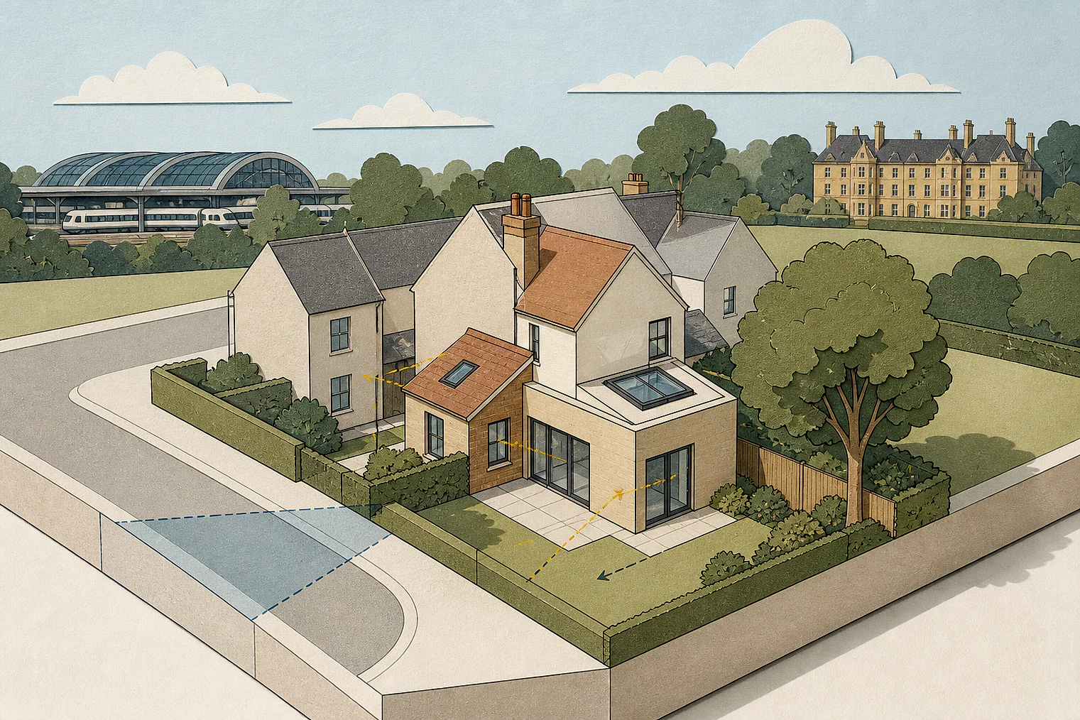 Cut-paper planning illustration for Spelthorne, showing extensions, neighbours, access and open land near simplified local landmarks.