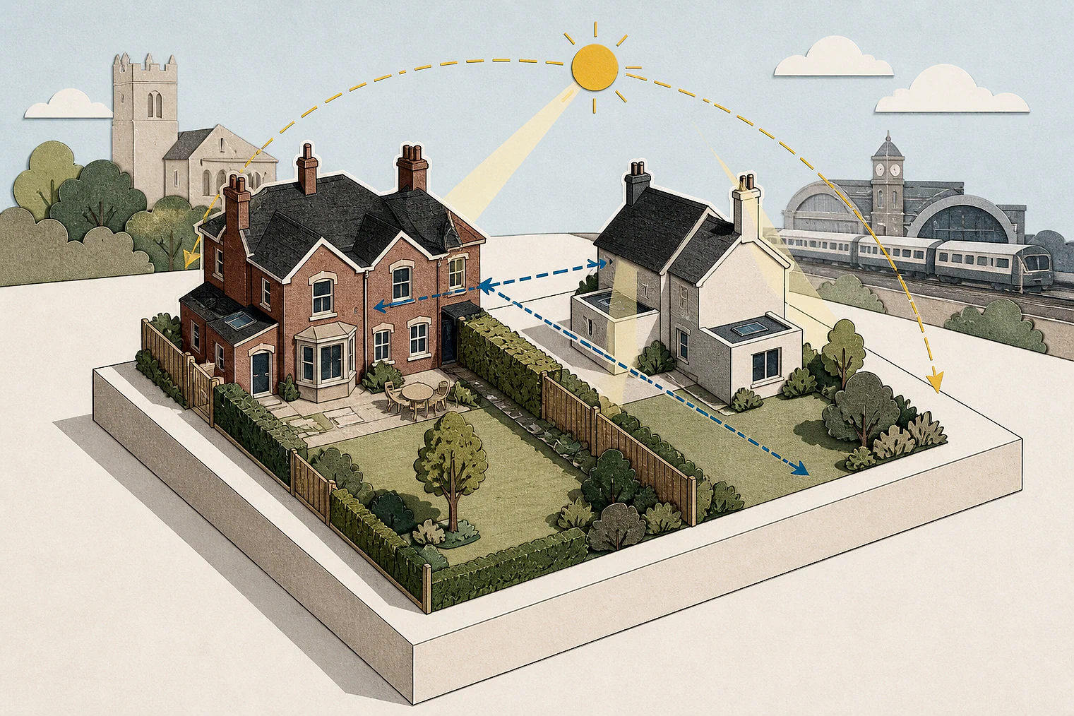 Cut-paper illustration of an imaginary privacy, daylight and neighbour living conditions planning issue in Spelthorne, with simplified local landmarks.