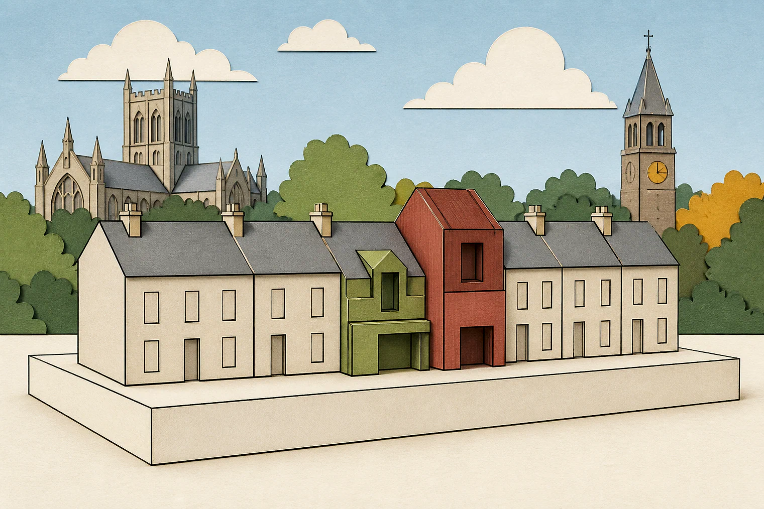 Cut-paper illustration of an imaginary character, scale and appearance planning issue in St Albans City and, with simplified local landmarks.