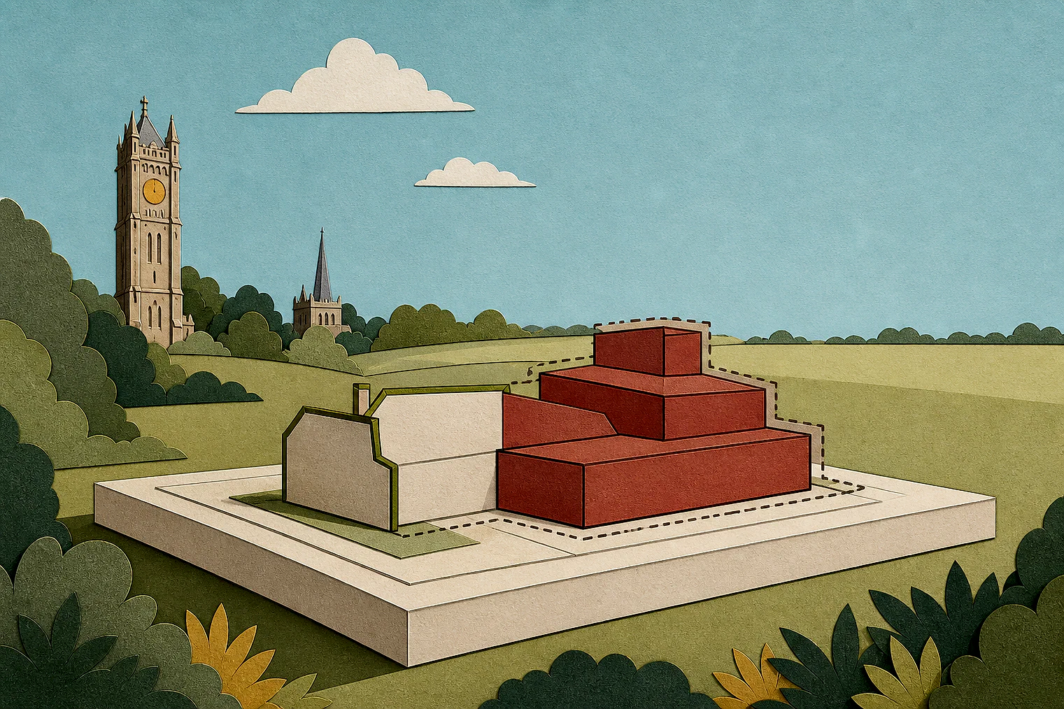 Cut-paper illustration of an imaginary building scale and Green Belt openness planning issue in St Albans City and, with simplified local landmarks.